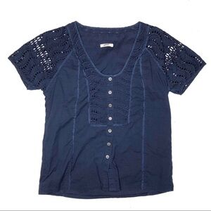 J. Crew Eyelet Lace Blouse Navy Blue Button Front Scoop Neck Short Sleeve Size 2
